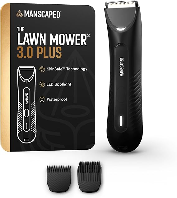 MANSCAPED The Lawn Mower 3.0 Plus Groin & Body Hair Trimmer Updated SkinSafe Trimmer Blade, Waterproof WetDry Groomer, USB-C Rechargeable, Mens Wireless Ball Shaver, Tuxedo Black