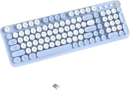 Wireless Bluetooth Keyboard - Full Size Retro Round Typewriter Style Wireless Keyboard with 2.4GHz & Bluetooth Dual-Mode Compatibility for PC, Laptop, Windows, Mac, and More (Blue)