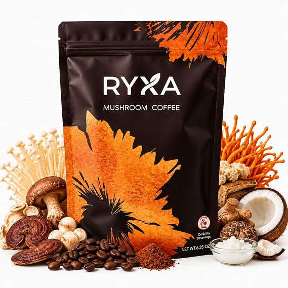 Ryxa - Mushroom Medium Roast Coffee Organic with 6 Adaptogenic Mushrooms, Focus Digestion Immunity with Lions Mane & Turkey Tail, USA Standards Instant Coffee for Better Energy, 30 Servings