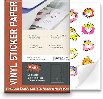 Matte Printable Vinyl Sticker Paper for Inkjet & Laser Printer - 30 Sheets - 8.5 x 11 - Waterproof, Dries Quickly Vivid Colors
