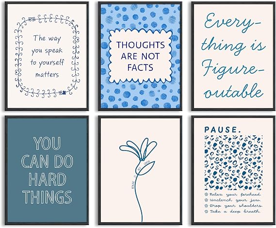 Mental Health Wall Decor Therapy Office Canvas Wall Art Posters Blue Boho Motivational Picture Psychology Artwork Inspirational Positive Quotes Prints for Counseling Office 8x10 Inch Unframed 6Pcs