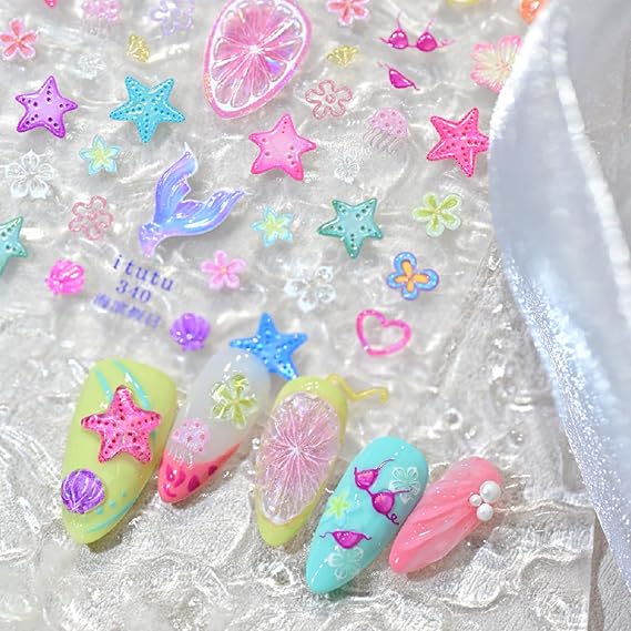 Summer Nail Stickers Ocean Shell Jellyfish Mermaid Nail Art Stickers 5D Embossed Nails Design Flowers Fruit Grapefruit Starfish Nail Decal for Women DIY Nail Decorations 1Sheets