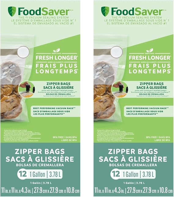 FoodSaver FSFRBZ0316-000 1-Gallon Vacuum Zipper Bags, 12 Count, Multi 2-Pack