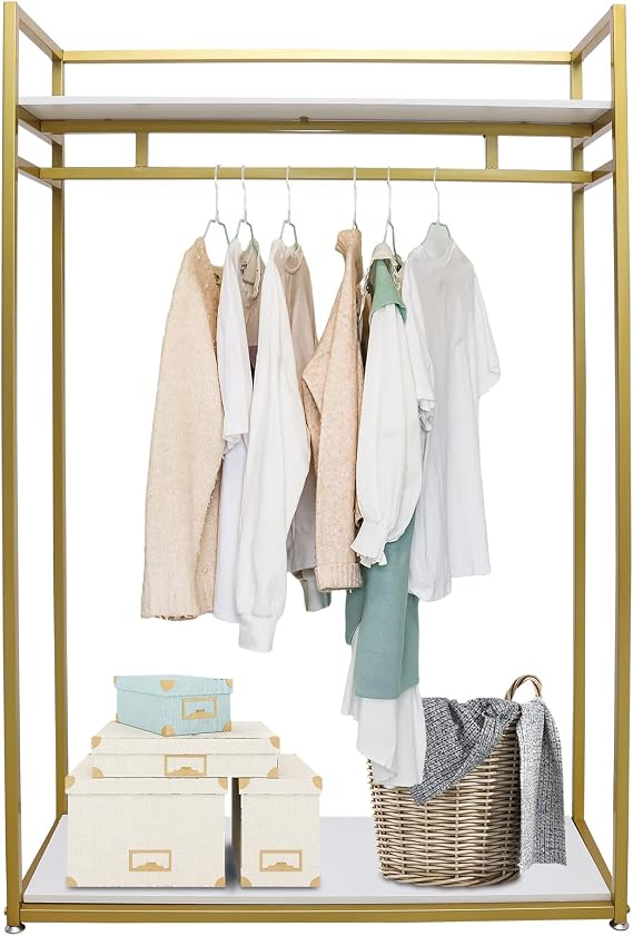 Heavy Duty Clothes Racks, Gold Metal Freestanding Garment Rack Gold Clothing Racks with Shelves Freestanding Closet Wardrobe Metal Clothing Rack Heavy Duty Portable Closet for Hanging Clothes