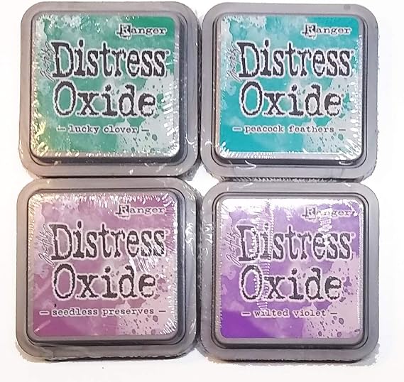 Tim Holtz Ranger Distress Oxide Ink Bundle - Four 3" x 3" Pads (Q - Queen's Coronet : Lucky Clover, Peacock Feathers, Wilted Violet, Seedless Preserves)