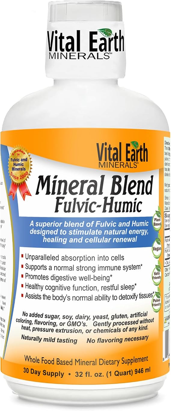 Vital Earth Minerals Fulvic Humic Mineral Blend Liquid Fulvic Acid Supplement with 70+ Trace Minerals, Electrolytes for Recovery, Balance & Energy, 32 Oz + 1 Oz Cup