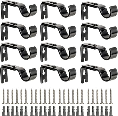 12 Pcs Curtain Rod Bracket for 1 Inch Rod, Adjustable Curtain Rod Brackets Black Curtain Rod Holders Heavy Duty Curtain Rod Hardware Brackets Single Rod Bracket for Wall Mount