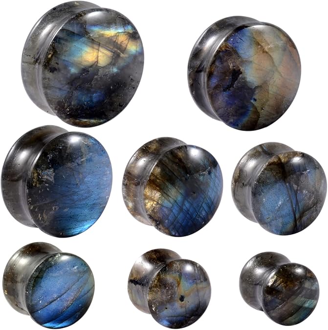 Pair Labradorite Stone Ear Flesh Tunnel Plugs Double Flared Plug Glow Stone Ear Gauges Expander