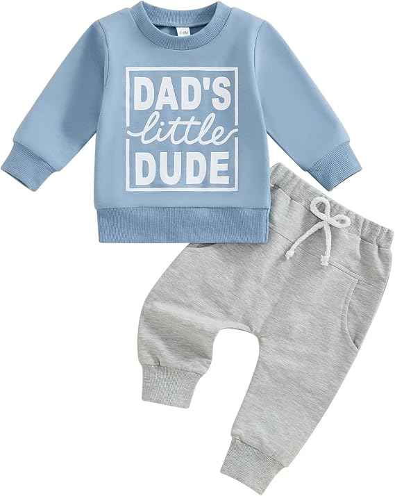 Geagodelia Toddler Baby Boy Spring Fall Outfit Dads Little Dude Letter Sweatshirt Jumper Top Trouser Jogger Tracksuit Set (Blue, 6-12 Months)
