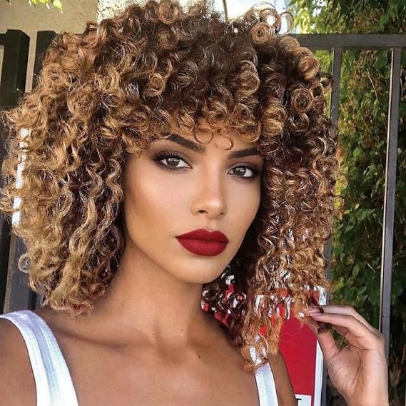 Afro Curly Wigs for Black Women Curly Glueless Wig with Bangs Ombre Brown Mixed Blonde Colored Synthetic Heat Resistant Wigs
