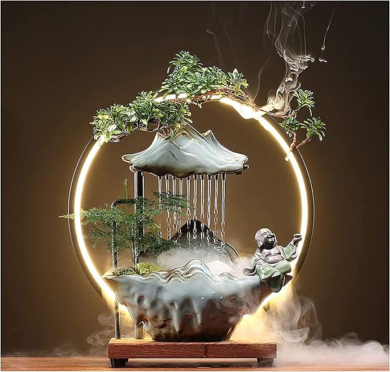 Buddha Tabletop Water Fountains Indoor Waterfall with Mist | Zen Decor for Meditation Japanese Decor with Fake Plants Feng Shui Decoration for Good Luck Wealth