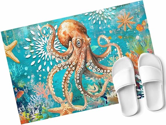 Ocean Octopus Door Mat Indoor Entrance 24"x16", Marine Life Coral Starfish Retro Non Slip Front Door Mats Washable Low-Profile Absorbent Doormat for Inside Floor Entryway Laundry Kitchen