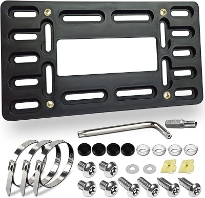 BGGTMO Front License Plate Bracket Holder - Front Bumper License Plate Mounting Kit, 2 Drill Holes Universal Car Tag Adapter with Anti Theft Stainless Steel Screw Bolt Caps