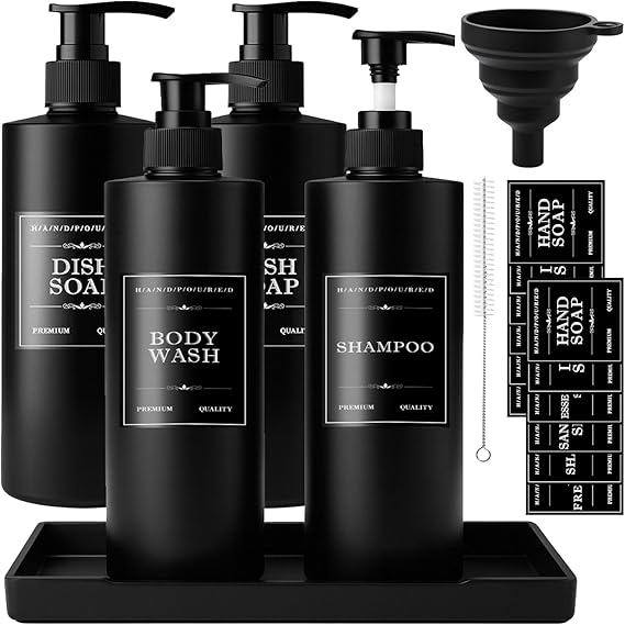 4 Pcs 500ml Black Soap Dispenser, Black Empty Bathroom Bottles | Shampoo and Conditioner Dispenser with Tray, Reusable Plastic Soap Lotion Pump Bottles, Refillable Shower Gel Bottles