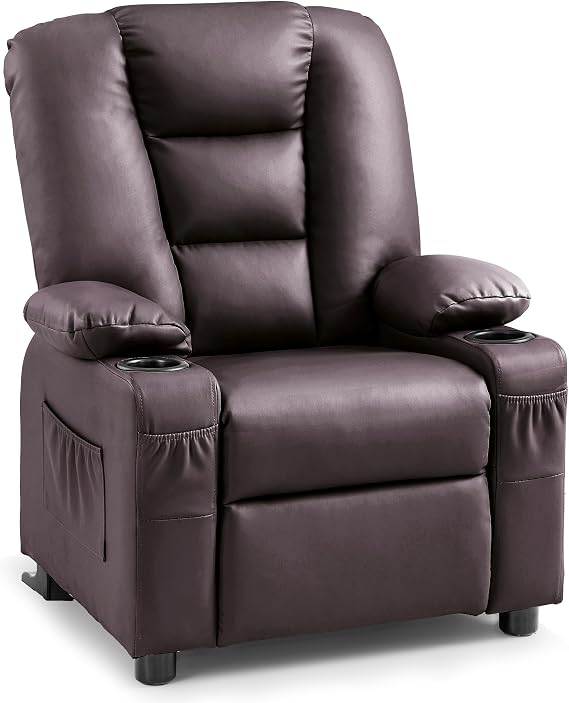 MCombo Big Kids Recliner for Ages 3+, Child Reclining Chair, Toddlers Recliner Sofa with Cup Holders, Faux Leather, 7322(Dark Brown)