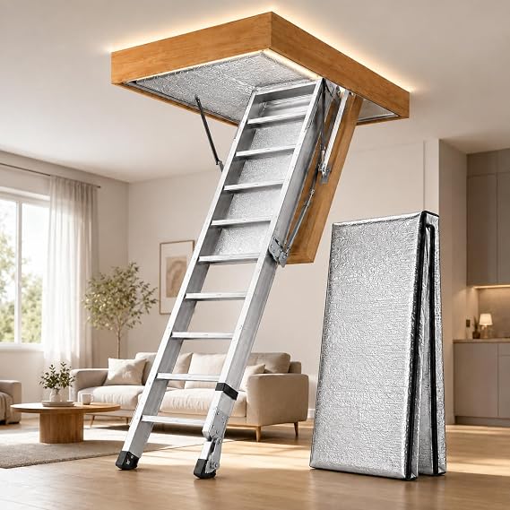 22.5x54 Inch Pull Down Attic Ladder with Insulated Cover, Attic Access Ladder with Aluminum Frame & Zippered Seal, Tall Ladders for Home High Ceilings Up to 10 Ft 3 in