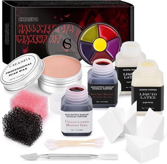 CHASPA Halloween Liquid Latex Special Effects SFX Makeup Kit for Fake Scar Wound Makeup - Scar Wax + 2 Btl Liquid Latex + 2 Btl Fake Blood + Spatula Tool + 2Pcs Stipple Sponge for Halloween Cosplay