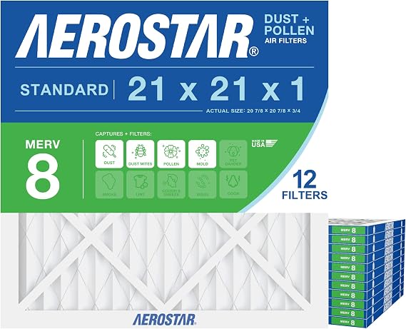 Aerostar Air Filter 21x21x1 MERV 8 AC Filter, Furnace Filter, 6 Pack