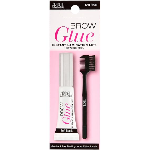 Ardell Brow Glue Soft Black with Styling Brush Instant Lamination Brow Gel for Fluffy, Defined Brows, All-Day Extreme Hold Eyebrow Gel Waterproof, 0.35 oz