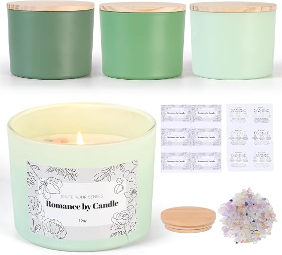 6 Pcs 12oz Assorted Green Glass Candle Jars with Lids & Crystal Rocks