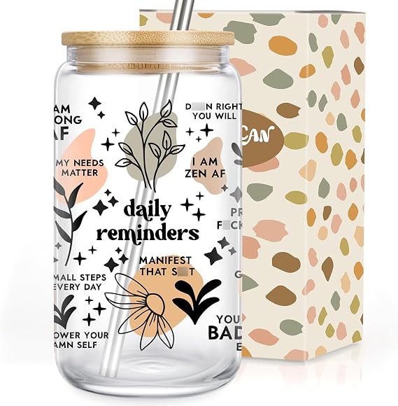 Coolife Positive Daily Affirmations Cup, Mental Health, Funny Sobriety, Self Love, Inspirational, Break up, Mothers Day Motivational Gifts for Women, 16 oz Drinking Tumbler Coffee Glass Cups w/Lids