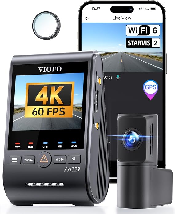 VIOFO A329S 2CH 4K 60FPS Dash Cam, Dual STARVIS 2, Wi-Fi 6, Parking Mode | 4K front+2K rear, dual STARVIS 2 sensors, power-saving parking mode, Wi-Fi 6 & app control, supports 4TB SSD or 512GB microSD