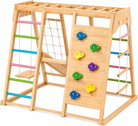 Avenlur Premium Wooden Indoor Climbing Gym for Kids Montessori Playset with Climbing Wall, Ladder, Rope Net & Swing Solid Natural Wood Toddler Playground, Ages 16