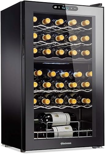 Wine Enthusiast 32-Bottle Dual Zone MAX Compressor Wine Cooler Freestanding Mini Fridge with Digital Touchscreen, LED Display, Split Storage for Red & White Wines, Matte Black Refrigerator Home Bar