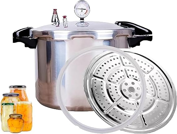 High capacity pressure cookers with cooking rack 15 quart canning pressure cooker with gauge Explosion proof safety valve great for big canning jobs ompatible:induction,natural gas-open flame