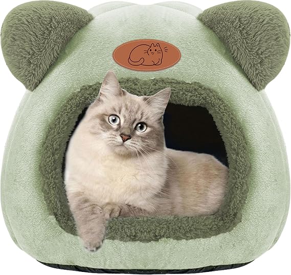 Indoor Cat Cave Bed - Igloo Tent House With Removable Washable Pillow, Super Soft Calming Fluffy Pet Sofa Mats, Foldable Portable for Kittens