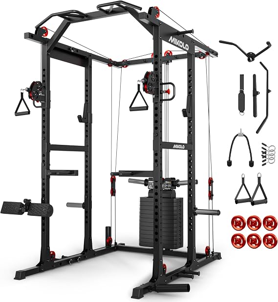 Mikolo K6 2.0 Power Cage, Power Rack with Cable Crossover System, 2000LBS Squat Rack with LAT Pull Down System, Functional Trainer with Aluminum Pulley System for Home Gym