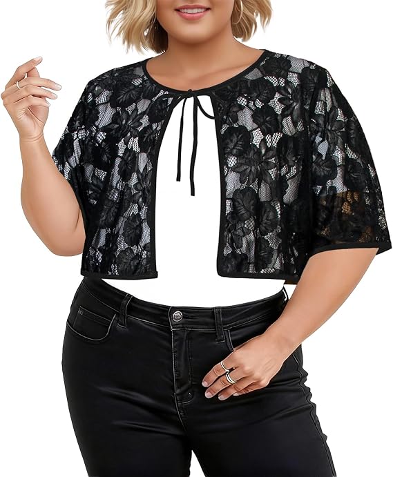 Lastshe Womens Plus Size Lace Shrugs Short Sleeve Cut Out Style Floral Pattern Bolero Sheer Top Tie Front Cardigan