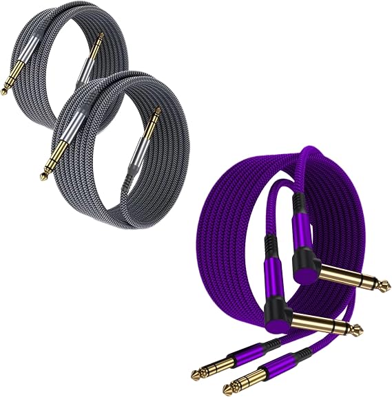 Elebase 1/4 Inch TRS Instrument Guitar Cable 10ft 2Pack Right-Angled to Straight 6.35mm Male Jack Stereo Audio Cord 10ft 2Pack for Electric Guitar,Bass,Keyboard,Mixer,Amplifier,Speaker