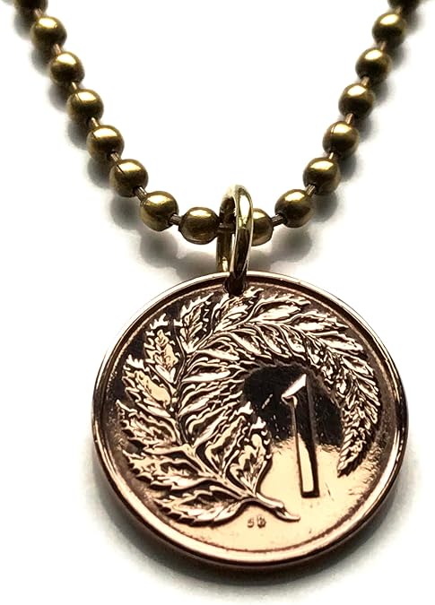 1985 New Zealand 1 Cent coin pendant necklace jewelry Silver fern leaf ponga Maori Wellington Hamilton Auckland Christchurch Tauranga endemic Cook Strait Waikato Hawaiki Maoritanga Polynesia n000550