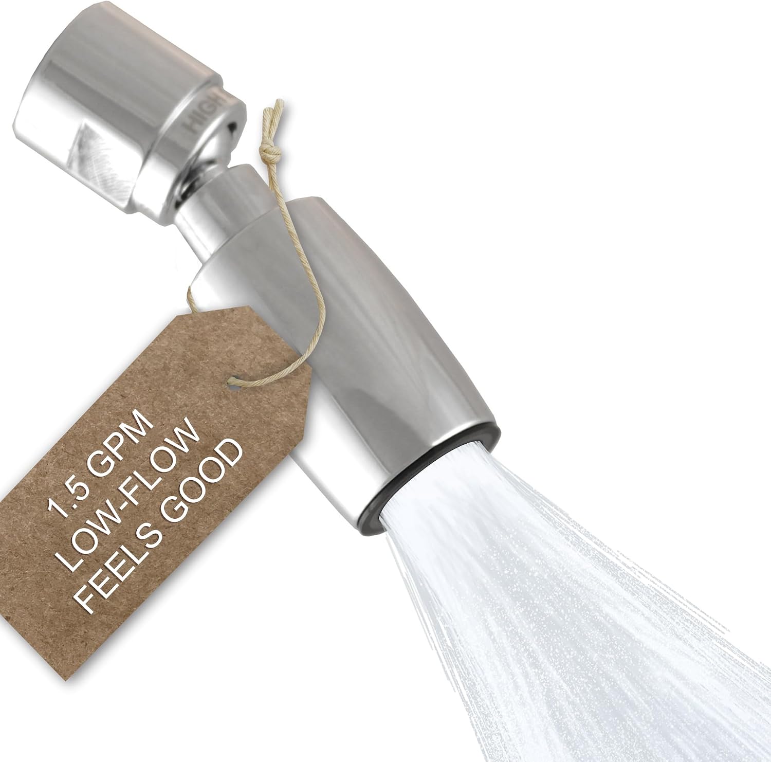 High Sierra ClassicTM Solid Metal 1.25 GPM Award Winning, Ultra Low Flow Shower Head. Patented Nozzle Never Clogs. Long Nut Hides Shower Arm Threads. Polished Chrome Finish
