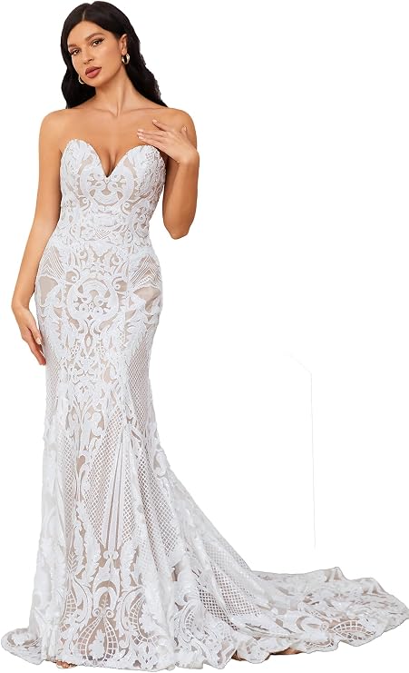 Ruolai Strapless Sweetheart Neck Special Sequined Mermaid Evening Dress Wedding Gowns