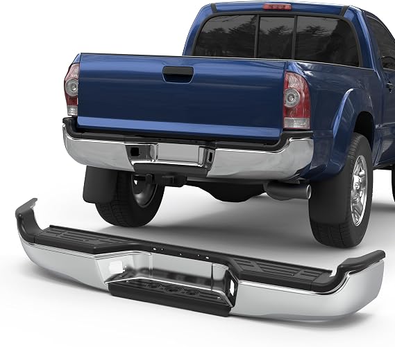 KUIPERAUTO Chrome Rear Step Bumper Assembly Compatible for 2005-2015 Toyota Tacoma Pickup TO1103113 WITHOUT Parking Sensor Holes Steel Complete Standard Back Bumpers
