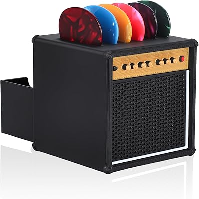 Guitar Picks Holder Box, Guitar Pick Display Holder, Amp Speaker Styled Pick Holder with 5 Celluloid Guitar Picks, Guitar Pick Storage Box Set for Guitar Players and Music Enthusiasts