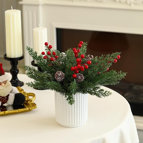 HOMCDALY Christmas Artificial Pine Branches with Red Berry and Pinecone for Tabletop Christmas Decorations, Fake Plants with Ceramic Pot, Small Chritstmas Tree for Home Decor, Christmas Decor Indoor