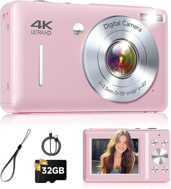 Digital Camera, 44MP FHD 1080P Point and Shoot Digital Camera with Anti Shake, Small Digital Camera with Face Detect, 32GB SD Card, 16X Zoom Camera for Kids, Teens, Boys, Girls Pink