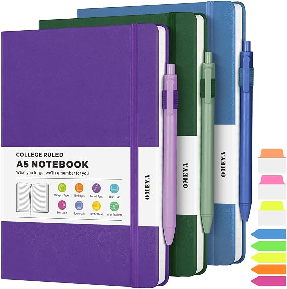 OMEYA A5 Hardcover Notebooks for Work: 3 Pack, 100gsm Paper, 160 Pages Each