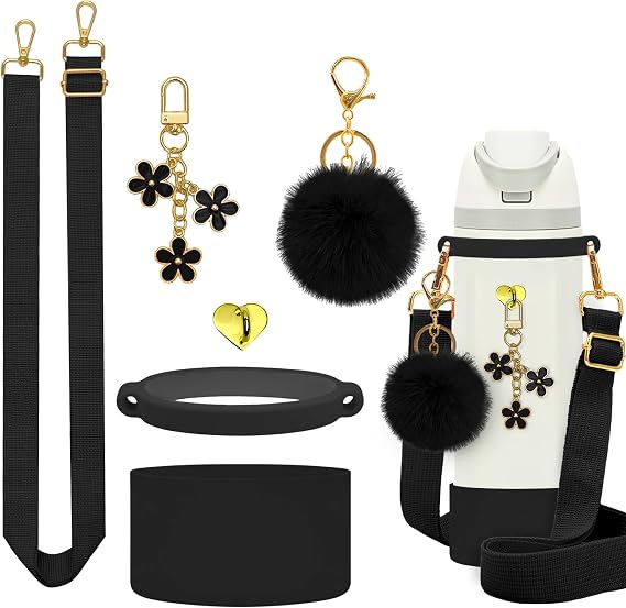6Pcs Accessories for Owala Water Bottle 24oz 32oz,Adjustable Handle Strap,Plush Ball,Flower Charms,Rubber Ring,Heart-Shaped Hook,Charms,Siliocne Boot for FreeSip 24oz 32 oz