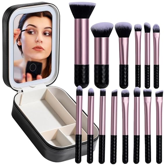 BS-MALL Makeup Brushes Set 14 Pcs with LED Light Mirror Premium Cosmetic Tools for Flawless Beauty Routines (Black)