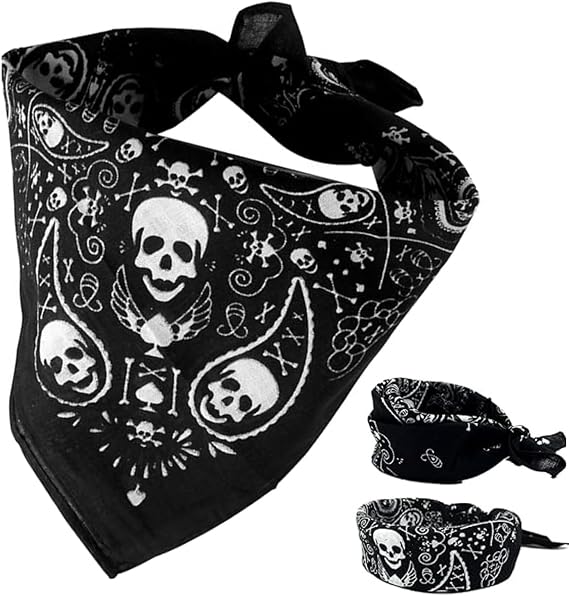 Black Bandana Skull Scarf - Double-Sided Cotton Pirate Head Wrap for Men & Women, 55x55cm Novelty Neckkerchief, Halloween Costume Accessory, Unisex Breathable Headscarf