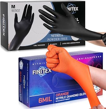 FINITEX Nitrile Disposable Gloves-Black, 6mil, 100PCS and Industrial Diamond Texture Nitrile Glove, Orange, 6.3mil, 100PCS