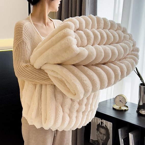 Bunny Blanket, Fleece Throw Blanket for Couch-Valentines Day Gifts for Women&Girls, Super Soft Striped Rabbit Plush Blanket, Lightweight Cozy Fluffy Throw for Sofa Bed (White,47x79inch)