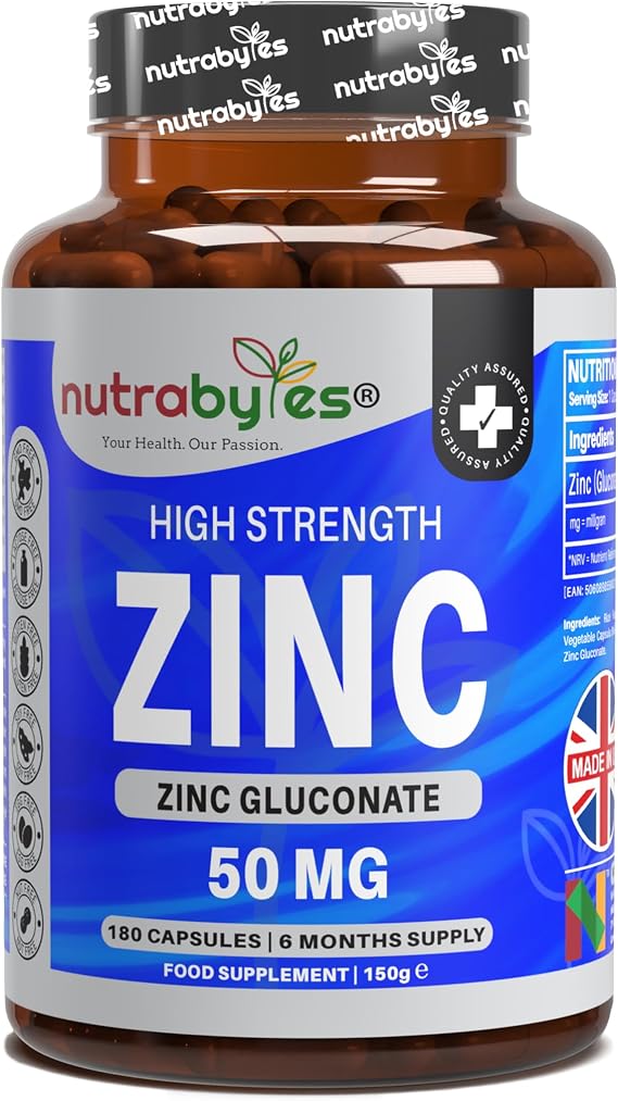 Zinc Capsules 50mg | 180 Capsules | 6 Months Supply | Zinc Supplements for Men & Women, 1-a-Day | No Artificial Flavours | Non-GMO, Vegan & Magnesium Stearate-Free | UK Made | Nutrabytes