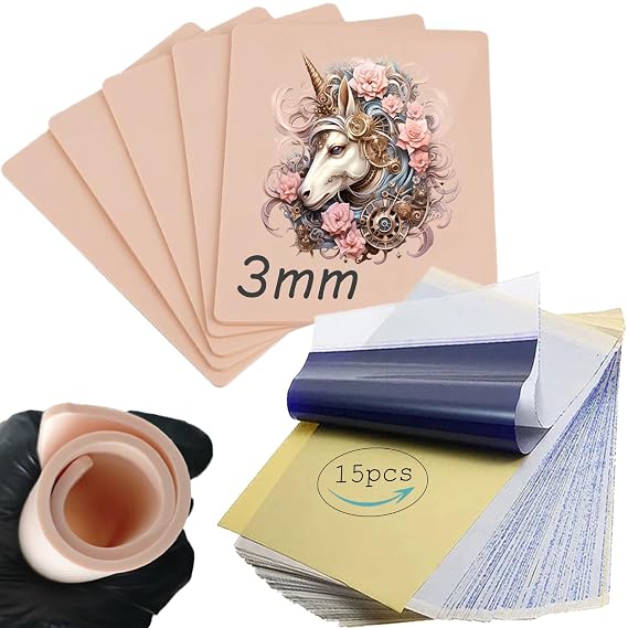 Yugui 20pcs Tattoo Practice Skin Kit - 5pcs Thick 3mm Fake Skin (7.6 * 5.4") & 15pcs A4 Stencil Transfer Paper for Eyebrow Tattoo Practice, Perfect for Beginners and Pros