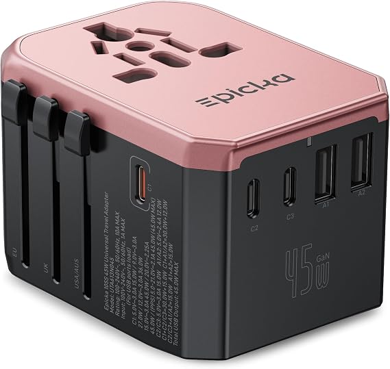 EPICKA 45W Universal Travel Adapter PD&QC, 1AC/4USB-C/1USB-A | Travel Plug Adapter for EU/US/UK/AUS, Fast Charging for Multi-Device, Not A Voltage Converter, TA-105S