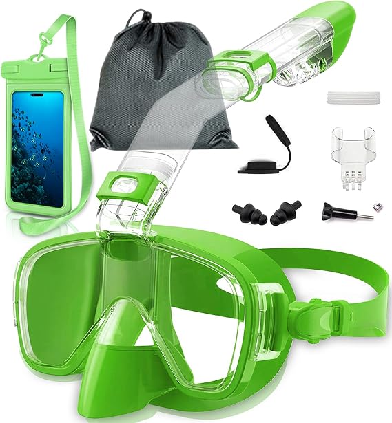 Dry-Top Nasal Breathing Snorkeling Mask Set with Camera Mount & Phone Pouch Ergonomic Seal for Scuba Diving Freediving Swimming